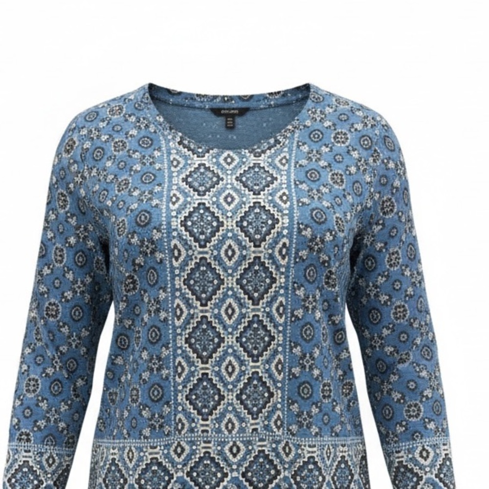 LUCKY BRAND Top Womens SZ Large Blue Geometric Festival Boho Peasant Tee